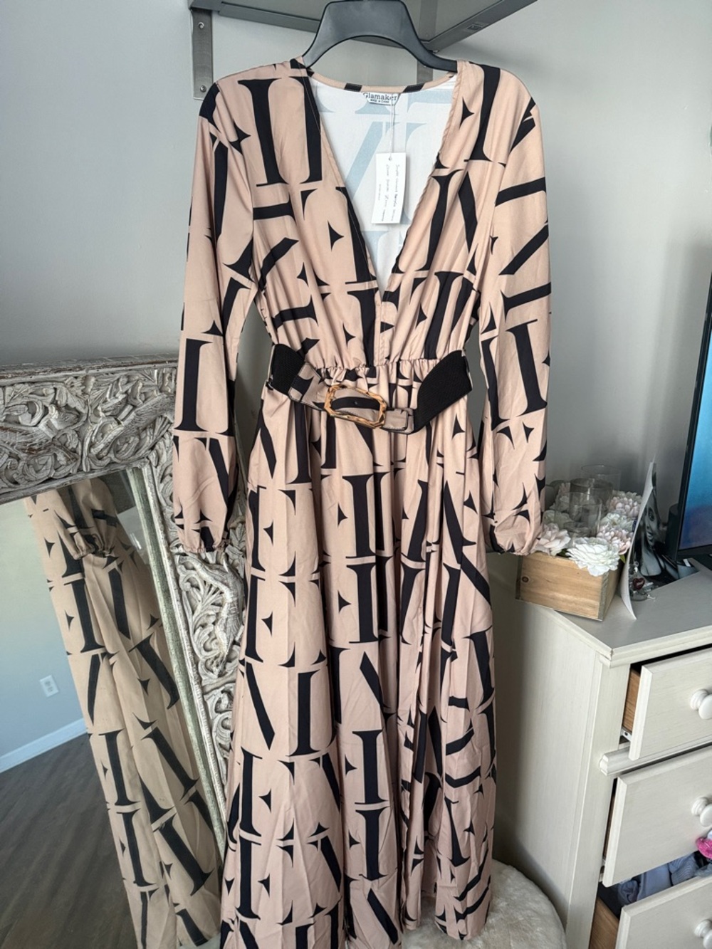 Beige and Black Printed Midi Dress with Belt